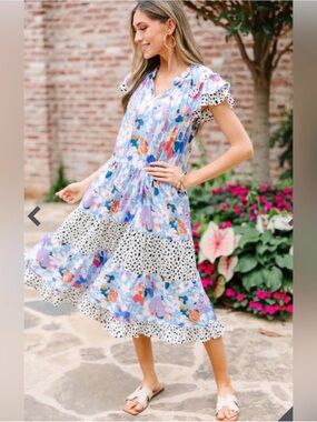 Umgee nwt ptp 19” Floral Tiered Midi Dress in Pastel Blue/black dots